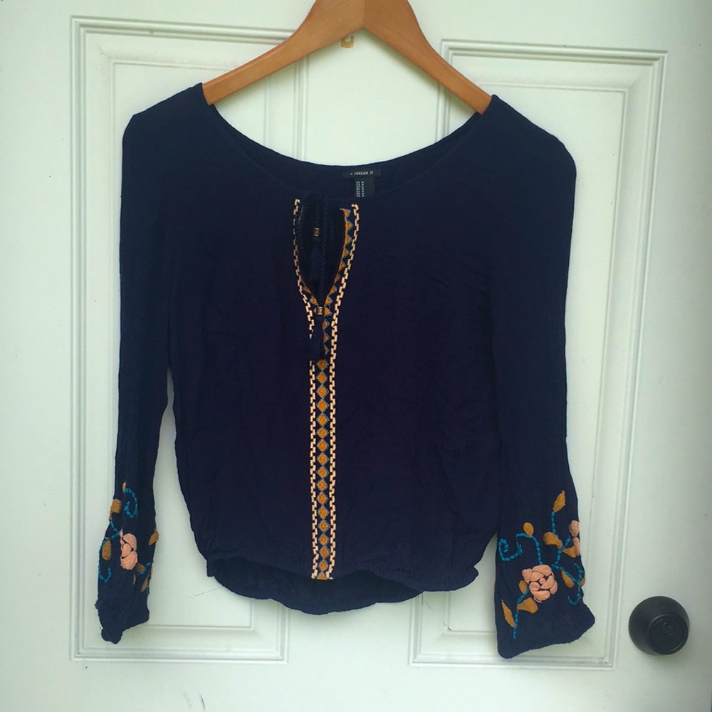 Forever 21 Blue Embroidered Floral Blouse Medium